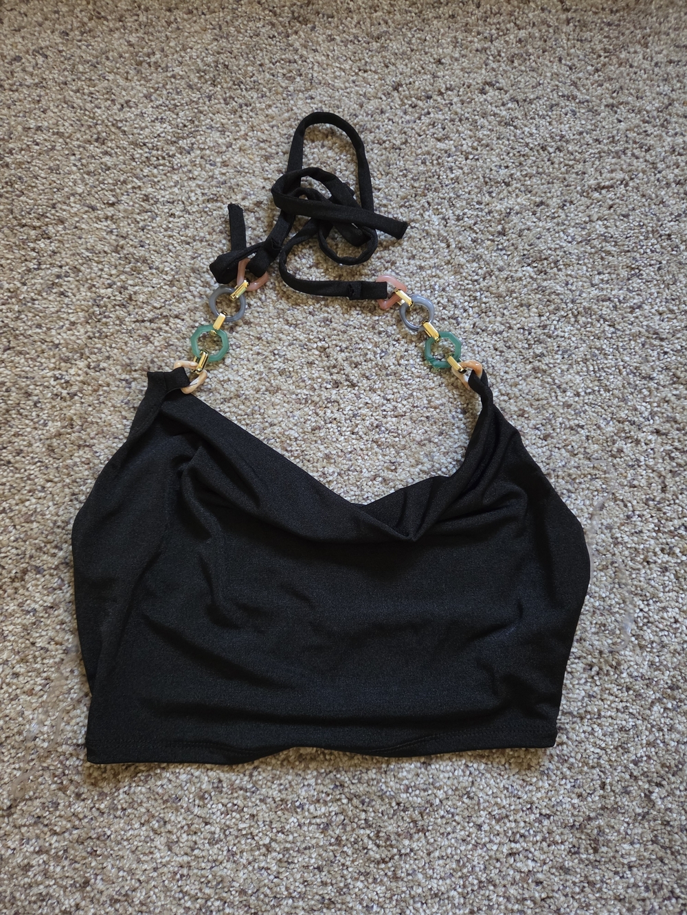 Black Women's Halter Crop Top with Chain Accents